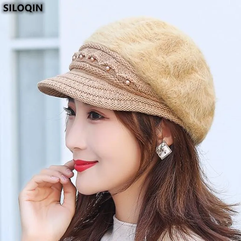 

SILOQIN Elegant Comfortable Warm Velvet Berets Women Fashion Ear Protectors Rabbit Fur Knitted Hat New Ladies Brands Winter Cap