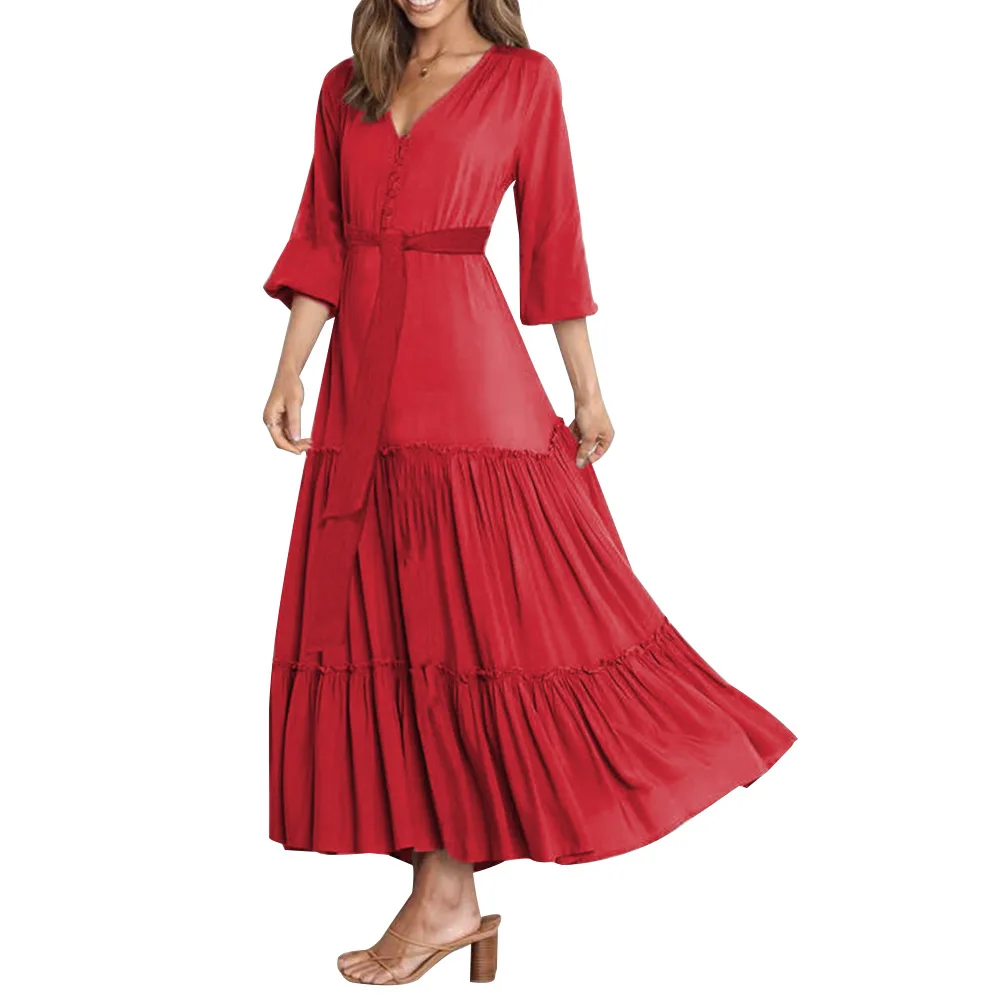 Fashion Women Sexy V-Neck Button Midi Dress Solid A-Line Dresses Long Sleeve Ladies Ruffle Patchwork Lace Up Female Vestidos
Fashion Women Sexy V-Neck Button Midi Dress Solid A-Line Dresses Long Sleeve Ladies Ruffle Patchwork Lace Up Female Vestidos