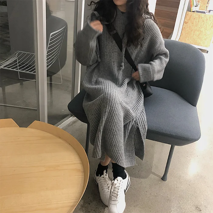 Warm Thickened Hooded Knitted Skirt Design Sense Split Medium Length Skirt Autumn Winter Long Sleeve Dress Women
Warm Thickened Hooded Knitted Skirt Design Sense Split Medium Length Skirt Autumn Winter Long Sleeve Dress Women