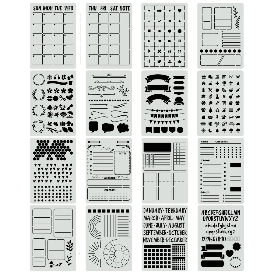 16Pcs/Set A5 Daily Calendar Notes DIY Layering Stencils Wall Painting Scrapbook Coloring Embossing Album Decorative Template
16Pcs/Set A5 Daily Calendar Notes DIY Layering Stencils Wall Painting Scrapbook Coloring Embossing Album Decorative Template