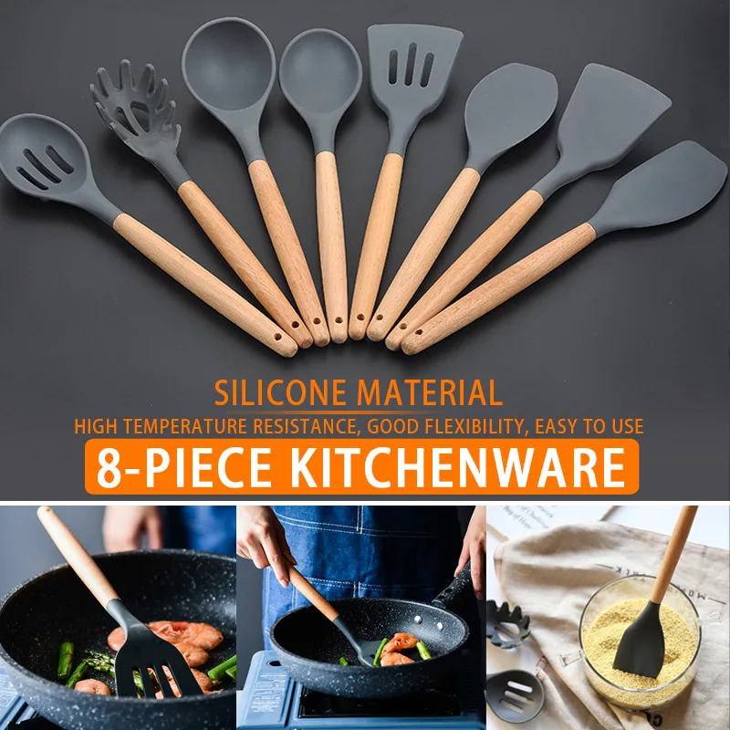 8Pcs/set Silicone Kitchen Utensil Set Spatula Slotted Spoon with Wood Handle Baking Cooking Tools SP99
8Pcs/set Silicone Kitchen Utensil Set Spatula Slotted Spoon with Wood Handle Baking Cooking Tools SP99