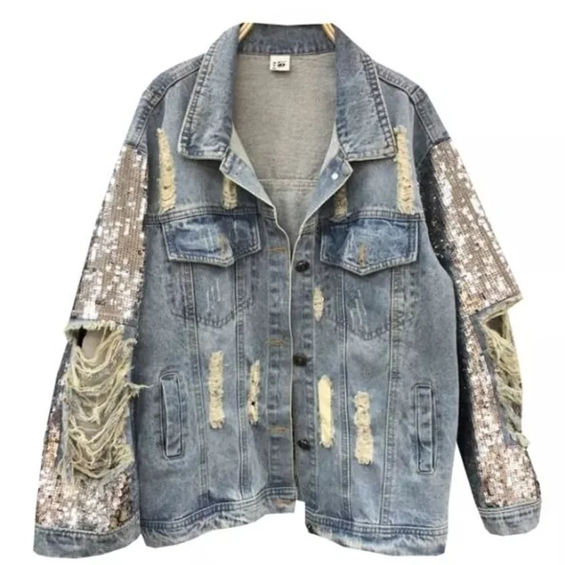 Women 2021 Spring Autumn Korean Fashion Turn-down Collar Single-breasted Jean Jacket Loose Casual Sequins Hole Denim Coat Y367
Women 2021 Spring Autumn Korean Fashion Turn-down Collar Single-breasted Jean Jacket Loose Casual Sequins Hole Denim Coat Y367