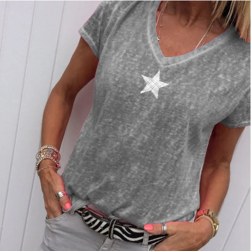 2021 Summer T- Shirt Casual Star Pattern V-Neck Loose Short Sleeve T-shirts Short Tops Girls Solid Top Shirt Large Size
2021 Summer T- Shirt Casual Star Pattern V-Neck Loose Short Sleeve T-shirts Short Tops Girls Solid Top Shirt Large Size