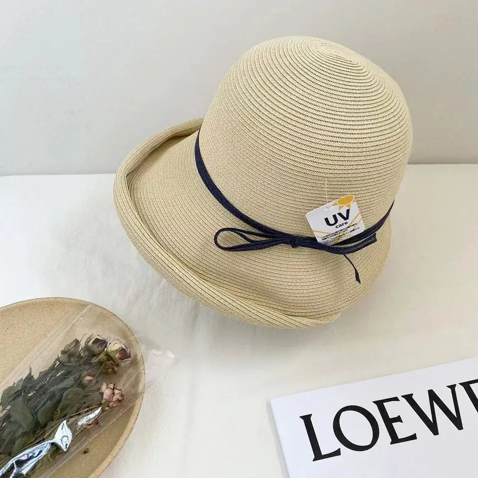 

Hepburn Style Sunshade Straw Hat Female Summer Retro Foldable Basin Cap Literary Fisherman Hat Simple Sun Cap Casual Summer Hats