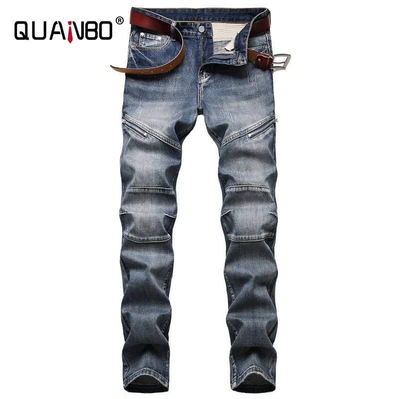 

QUANBO Men's Ripped Slim Straight Fit Moto Biker Jeans with Zipper Deco Fashion Streetwear Vintage Jeans Plus Size 40 42