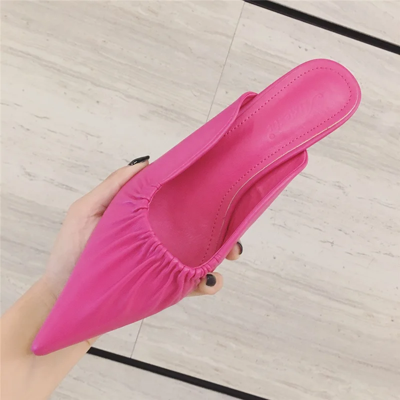 2020 Summer New Elegant Women Yellow Beige Low Heels Slides Mules Pointed Toe Slippers Designer Rose Red High Shoes | Обувь