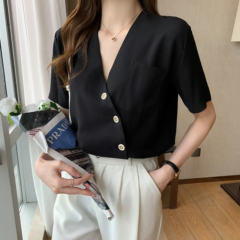 Black V-neck Short Sleeve Shirt Women Summer Button Chiffon Short Top Professional Cardigan Shirt Tops
Black V-neck Short Sleeve Shirt Women Summer Button Chiffon Short Top Professional Cardigan Shirt Tops