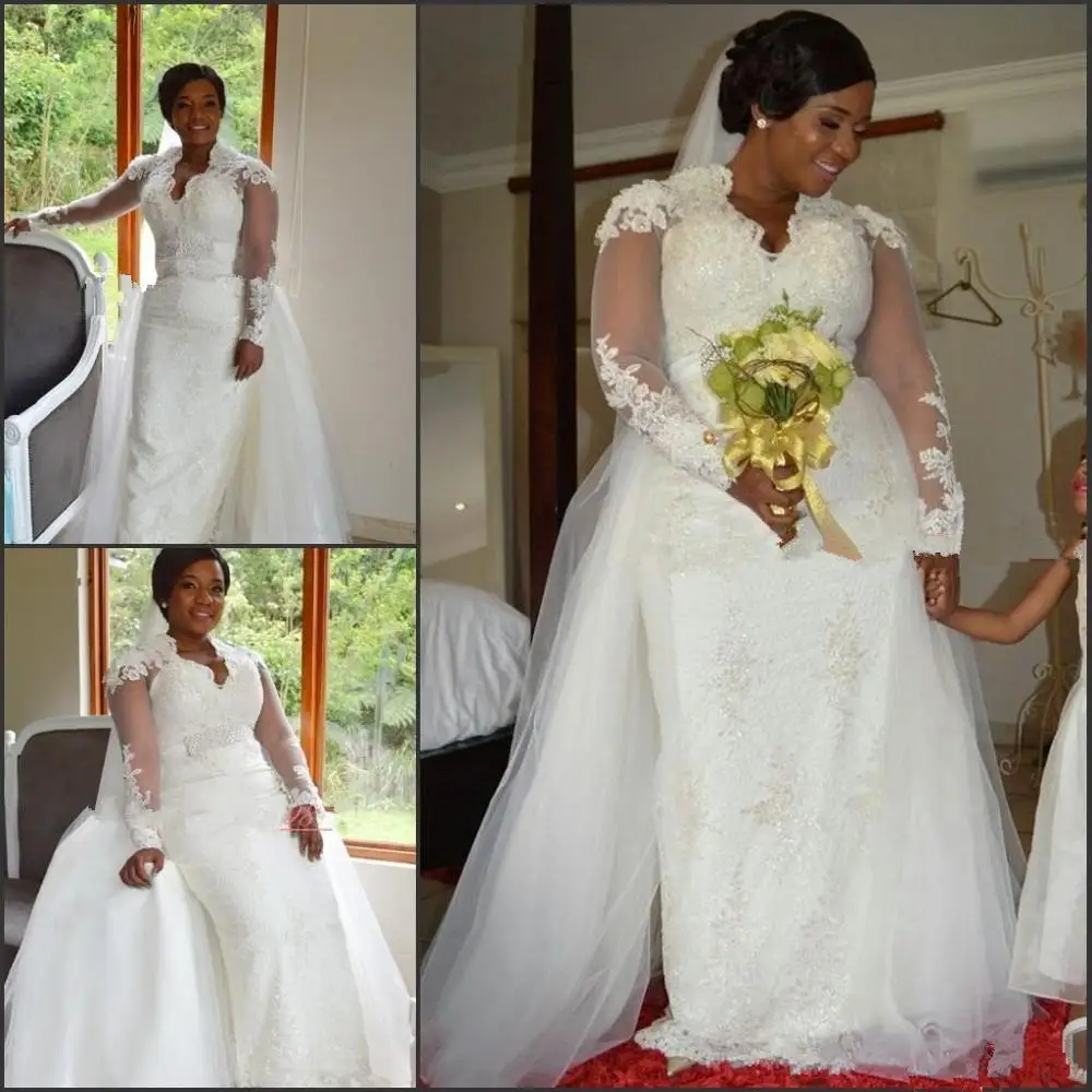 Long Sleeve Plus Size Mermaid Wedding Dresses With Detachable Skirt Overskirt Lace African Bridal Gown Bride Dress Arabic
Long Sleeve Plus Size Mermaid Wedding Dresses With Detachable Skirt Overskirt Lace African Bridal Gown Bride Dress Arabic