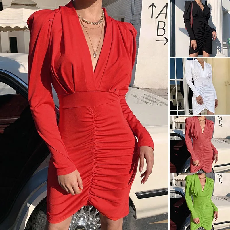 2021 Women Bodycon Dress Pleated Long-Sleeved Bag Hip Dress Sexy Deep V Dress Office Lady Sexy Party Dress Woman Dress
2021 Women Bodycon Dress Pleated Long-Sleeved Bag Hip Dress Sexy Deep V Dress Office Lady Sexy Party Dress Woman Dress