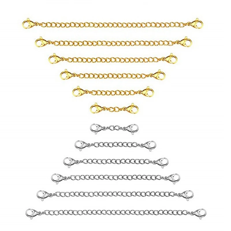 12Pcs Chain Extender, 6 Sizes Stainless Steel Bracelet Extension Necklace Extender for DIY Jewelry Making, Silver and Gold
12Pcs Chain Extender, 6 Sizes Stainless Steel Bracelet Extension Necklace Extender for DIY Jewelry Making, Silver and Gold