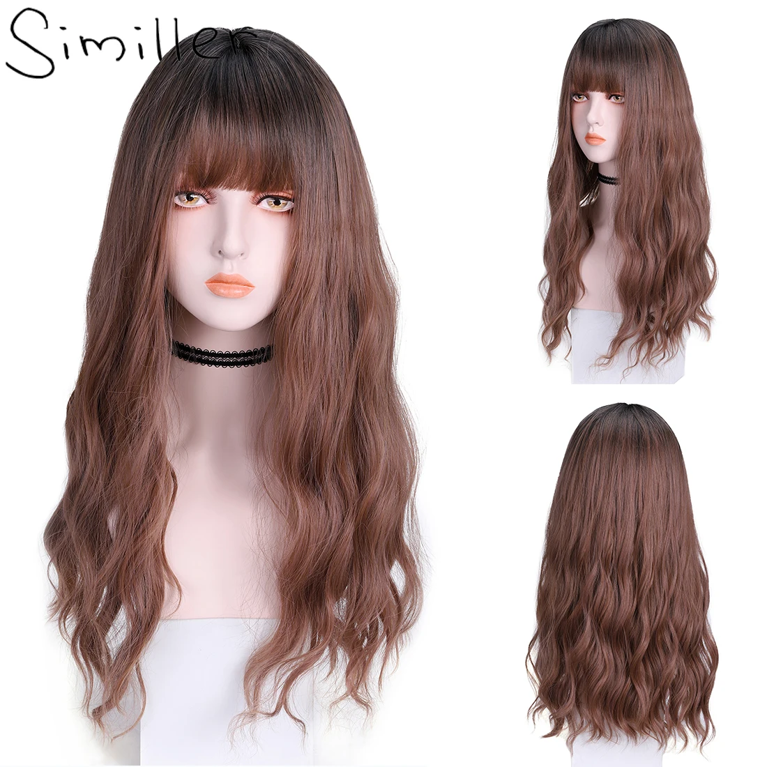 

Similler Long Curly Hair Ombre Synthetic Wigs For Women Heat Resistance Fiber Pure Black Brown Highlights Color Daily Use Wig