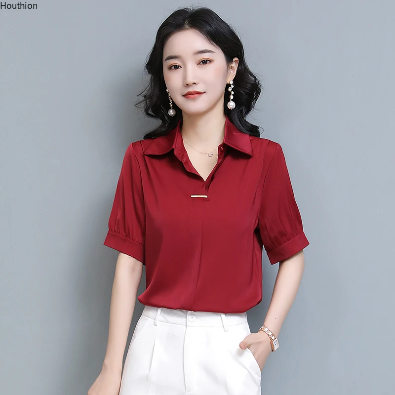 Houthion New Short-sleeved Blouse Polo Collar Shirt Fashion Tops Summer Plus Size Silk Solid Color Casual Lady Blusas
Houthion New Short-sleeved Blouse Polo Collar Shirt Fashion Tops Summer Plus Size Silk Solid Color Casual Lady Blusas