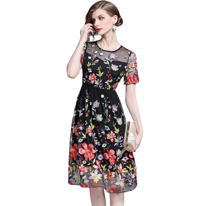 Euramerican High Quality Summer Women's Short Sleeve Gauze Flower Embroidery Mesh Dress Office Slim Elegant Knee-Length Dresses
Euramerican High Quality Summer Women's Short Sleeve Gauze Flower Embroidery Mesh Dress Office Slim Elegant Knee-Length Dresses