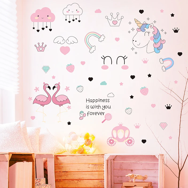 Мультяшные единороги Фламинго наклейки на стену DIY животные для детской комнаты