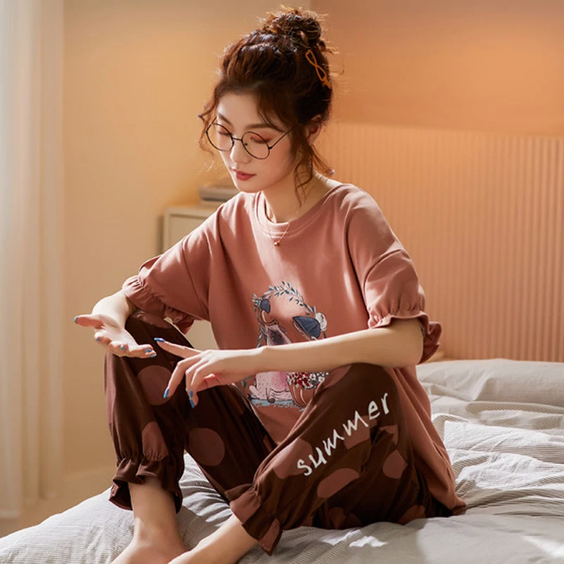 New Cotton Women's Pajamas Sets Simple Sleepwear Short Sleeve Ladies Pijama Soft Homewear Cute Cartoon Lounge Pyjamas T-Shirts
New Cotton Women's Pajamas Sets Simple Sleepwear Short Sleeve Ladies Pijama Soft Homewear Cute Cartoon Lounge Pyjamas T-Shirts