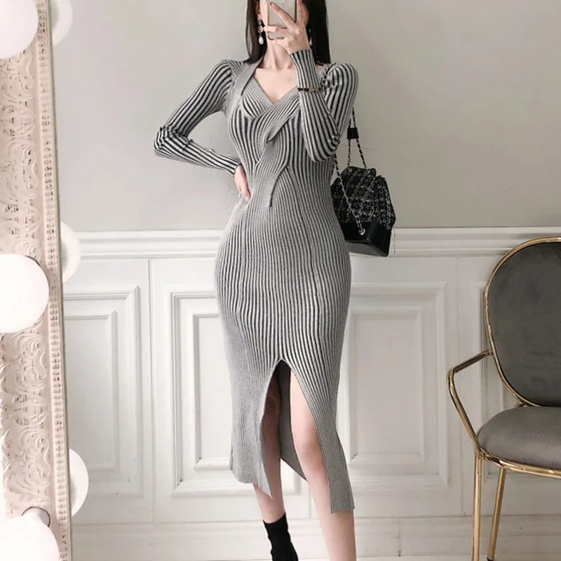Autumn Winter Designer Cross Knitted Long Dress Women Long Sleeve Sexy V-neck Slim Bodycon Party Dresses Elegant Casual Vestidos
Autumn Winter Designer Cross Knitted Long Dress Women Long Sleeve Sexy V-neck Slim Bodycon Party Dresses Elegant Casual Vestidos