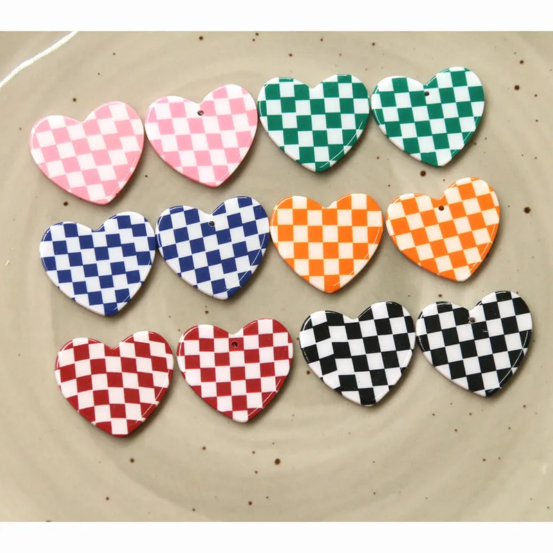 

New style 50pcs/lot color lattice pattern print geometry hearts shape acrylic beads diy jewelry earring/garment/hair accessory