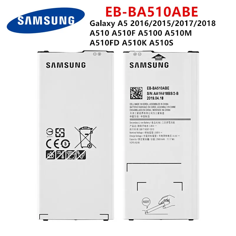 SAMSUNG Orginal EB-BA510ABE 2900mAh Battery For Samsung Galaxy A5 2016/2015/2017/2018 A510 A510F A5100 A510M A510FD A510K A510S
SAMSUNG Orginal EB-BA510ABE 2900mAh Battery For Samsung Galaxy A5 2016/2015/2017/2018 A510 A510F A5100 A510M A510FD A510K A510S