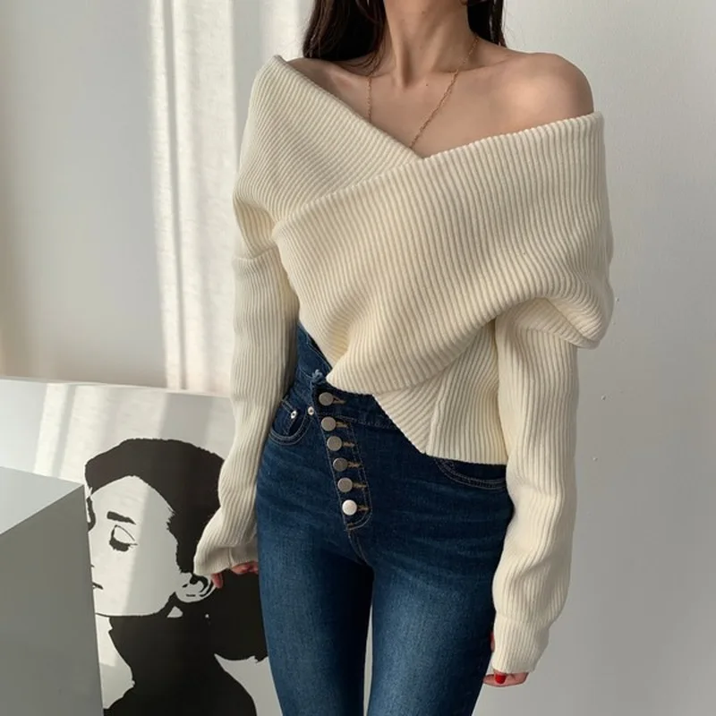 Women's Sexy Knitted Pullover Oversized Solid Slash Neck Cross Strapless Knitting Tops Long Sleeves Knitwear Autumn Spring 2021
Women's Sexy Knitted Pullover Oversized Solid Slash Neck Cross Strapless Knitting Tops Long Sleeves Knitwear Autumn Spring 2021