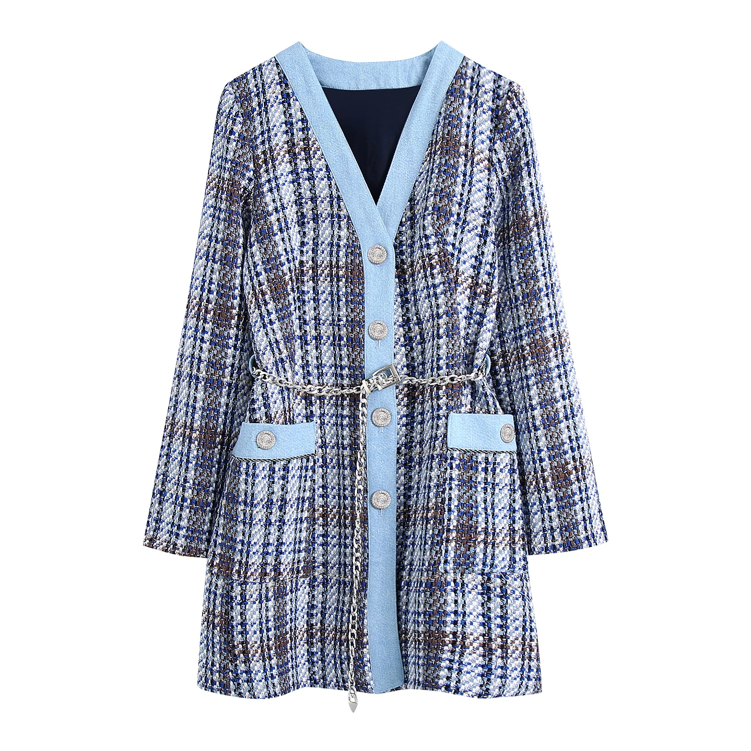 Women Spring Autumn Denims Patchwork Grain Jacket Coat Female V Neck Single Breasted Pocket Metal Belt Casual Streetwear
Women Spring Autumn Denims Patchwork Grain Jacket Coat Female V Neck Single Breasted Pocket Metal Belt Casual Streetwear
