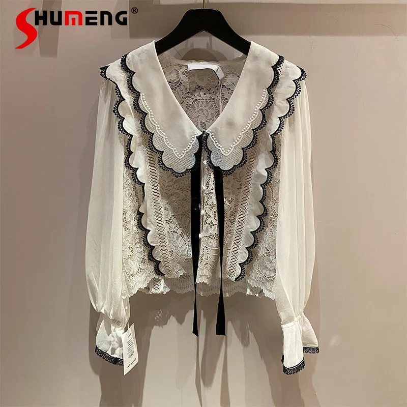2021 Spring and Summer New V-neck Embroidery Hollow Bow Ruffled Stitching Long Sleeve Lace Shirt for Women Sweet Blouses 
2021 Spring and Summer New V-neck Embroidery Hollow Bow Ruffled Stitching Long Sleeve Lace Shirt for Women Sweet Blouses