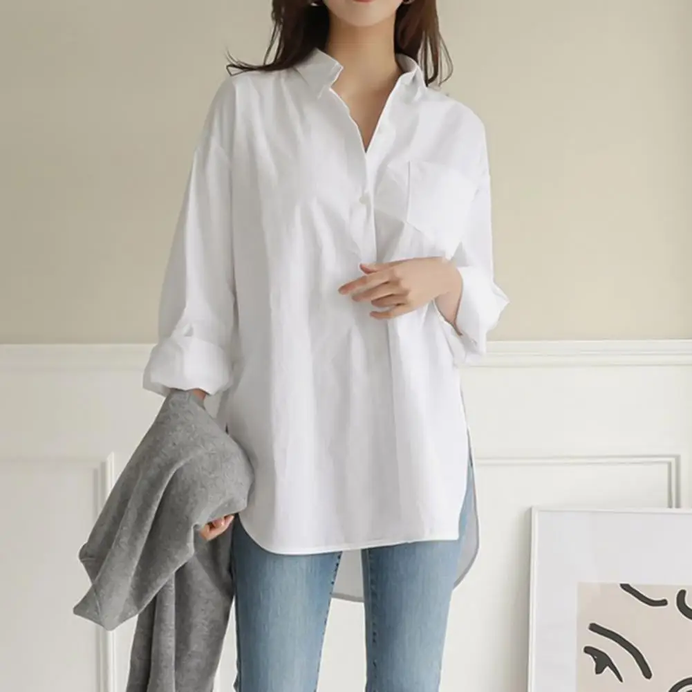 Fashion Women Shirts Loose Turn-down Collar Cotton Long Sleeve Blouse Spring Autumn Solid Color Temperament Irregular Blouse
Fashion Women Shirts Loose Turn-down Collar Cotton Long Sleeve Blouse Spring Autumn Solid Color Temperament Irregular Blouse