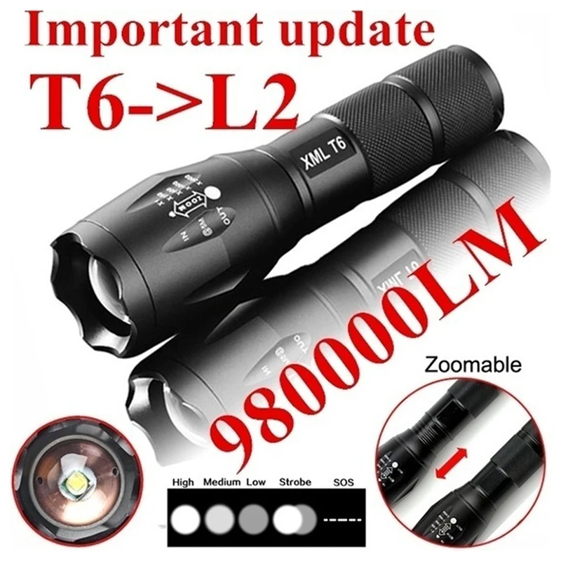 LED Rechargeable Flashlight Cree T6 Linterna Torch 980000LM 18650 Battery Outdoor Camping Powerful Led Flashlight
LED Rechargeable Flashlight Cree T6 Linterna Torch 980000LM 18650 Battery Outdoor Camping Powerful Led Flashlight