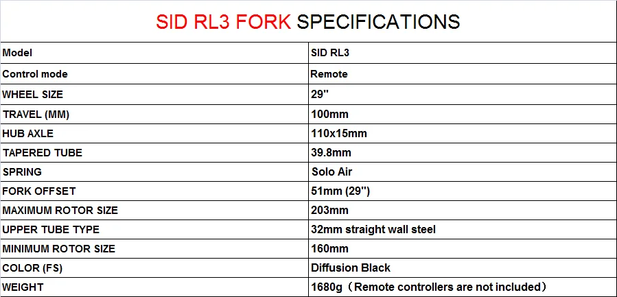 RockShox SID RL3 FORK Remote Debon Air 29" Travel 100mm 110x15mm, Boost 110x15mm Mtn Bike Fork
RockShox SID RL3 FORK Remote Debon Air 29" Travel 100mm 110x15mm, Boost 110x15mm Mtn Bike Fork