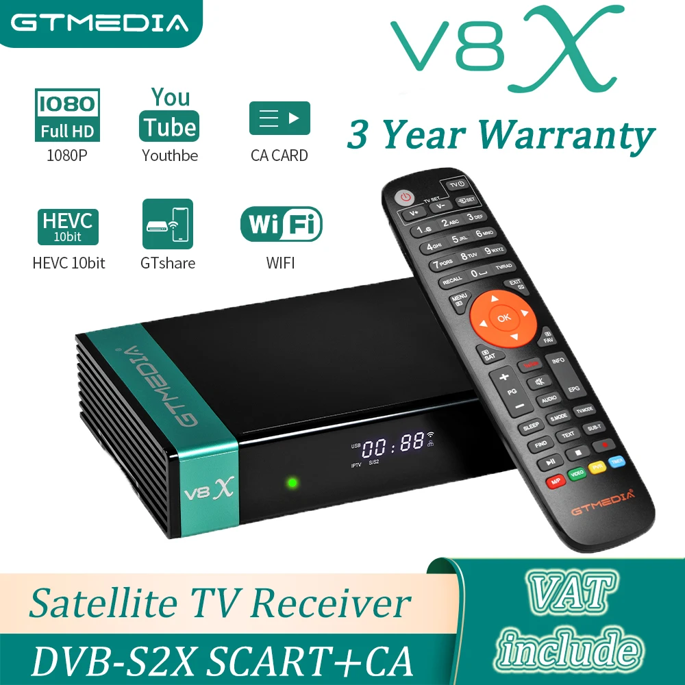 DVB-S2X GTMEDIA V8X FTA Satellite TV Receiver 1080P Full HD Receptor H.265 MPEG-2/4 Built-in WiFi HEVC 10bit GTshare Decoder
DVB-S2X GTMEDIA V8X FTA Satellite TV Receiver 1080P Full HD Receptor H.265 MPEG-2/4 Built-in WiFi HEVC 10bit GTshare Decoder