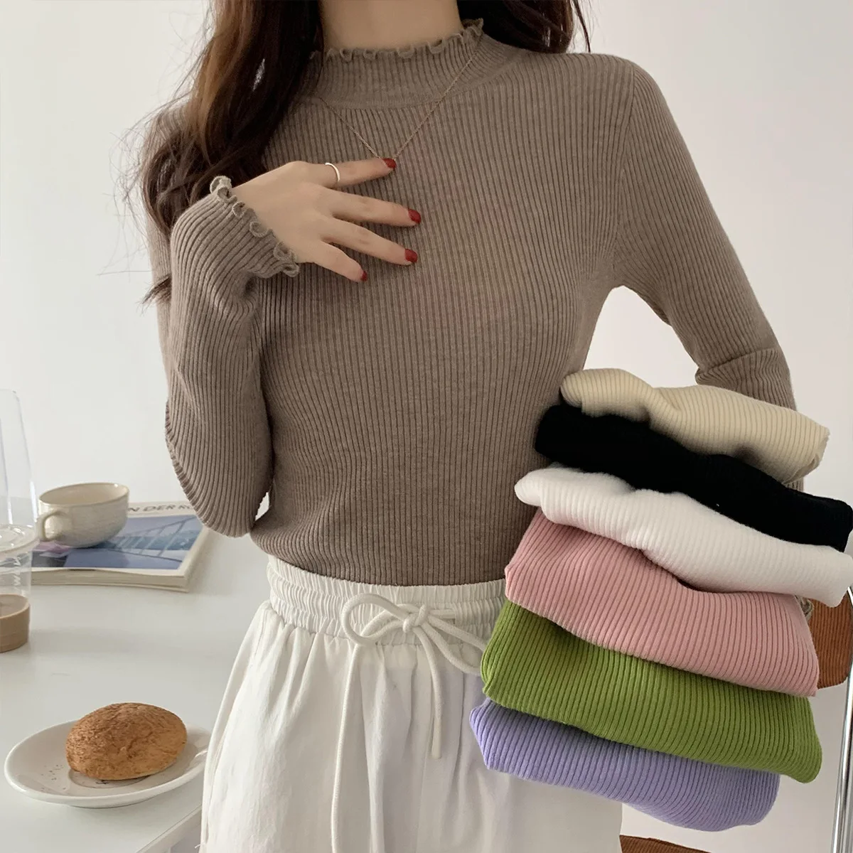 Autumn/Winter Half Turtleneck Sweater Women's Ruffle Pullover Casual Stretch Sweater Women's Top Pink Long Sleeve Tight Sweater
Autumn/Winter Half Turtleneck Sweater Women's Ruffle Pullover Casual Stretch Sweater Women's Top Pink Long Sleeve Tight Sweater