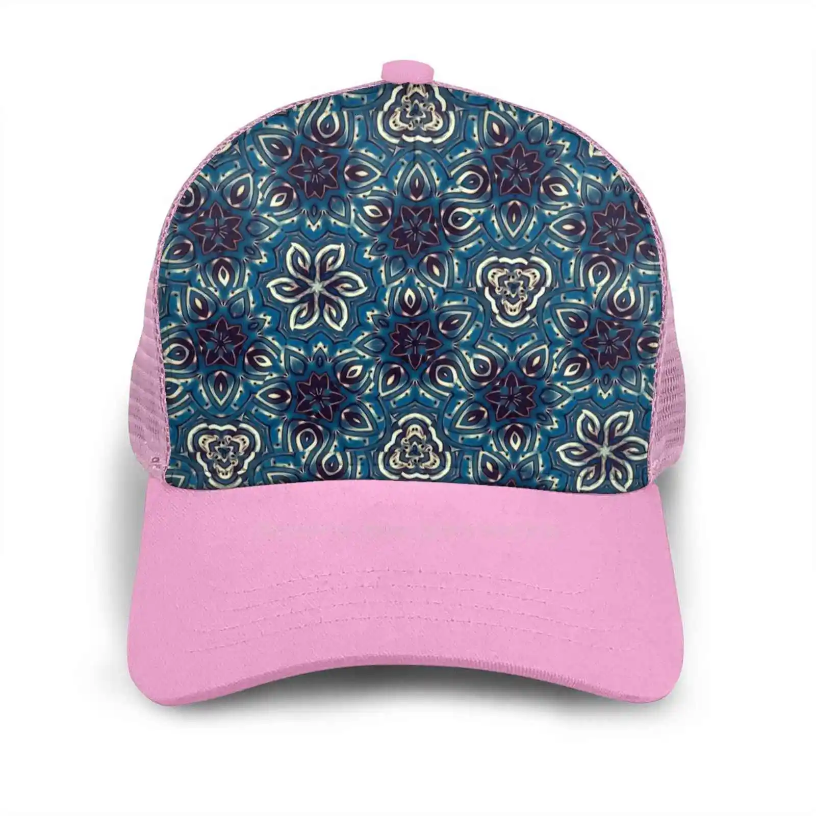 

Bora Hex Curved Edge Mesh Baseball Cap Hex Kaleidoscope Blue Tropical Flowers Blue Background White Flowers Aloha Bora Laurel