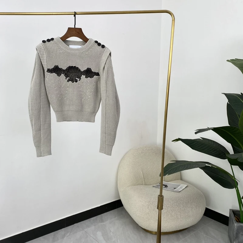 2021 Wool Cotton Grey Pullovers Black Lace Patchwork See Through Faux Two Piece Sweater Long Sleeve Women Fashion Designer Style
2021 Wool Cotton Grey Pullovers Black Lace Patchwork See Through Faux Two Piece Sweater Long Sleeve Women Fashion Designer Style
