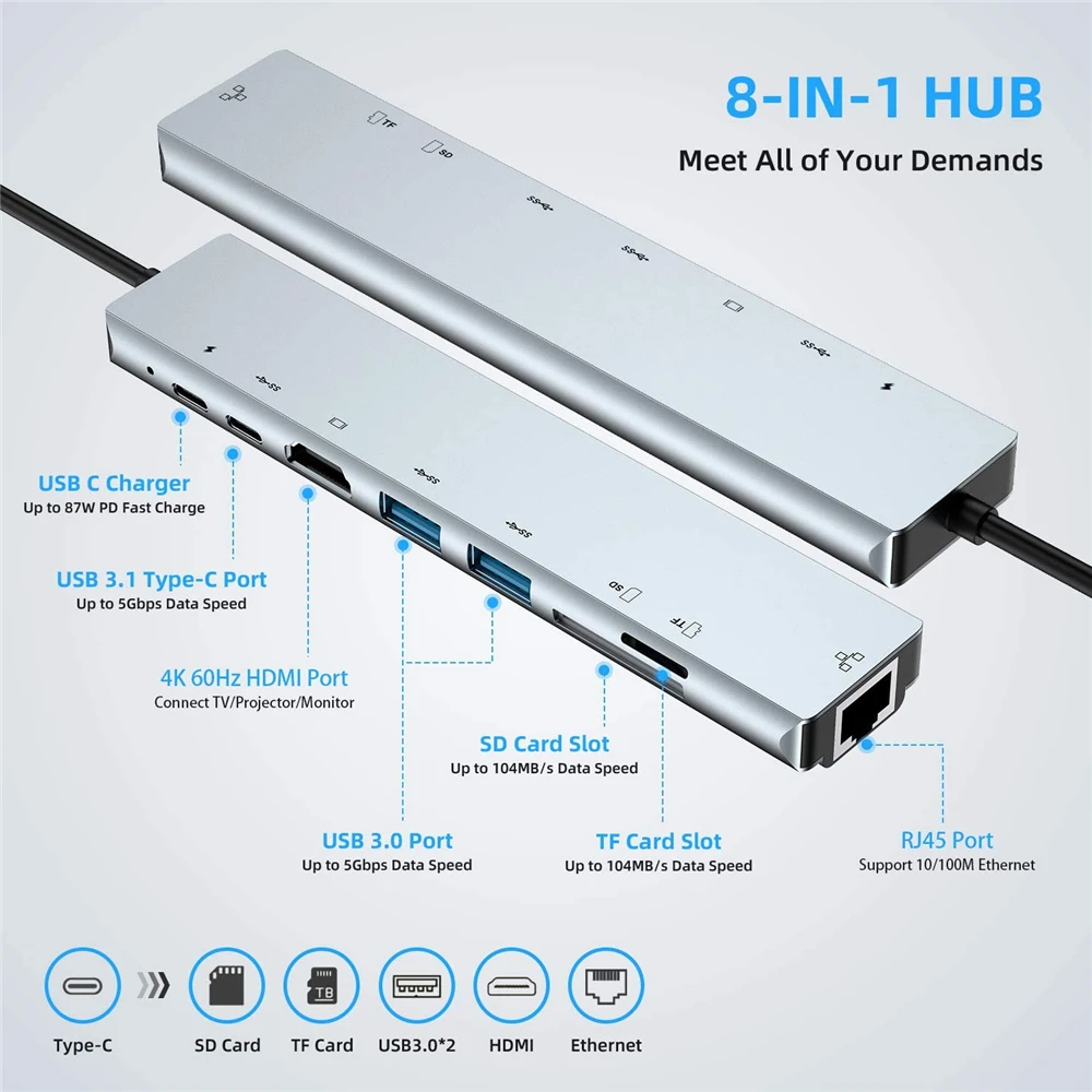 8-in-1 USB C Hub Adapter With Ethernet Port 4K USB C to 3 USB 3.0 Ports SD TF Card Reader PD Charging Port For MacBook Pro
8-in-1 USB C Hub Adapter With Ethernet Port 4K USB C to 3 USB 3.0 Ports SD TF Card Reader PD Charging Port For MacBook Pro