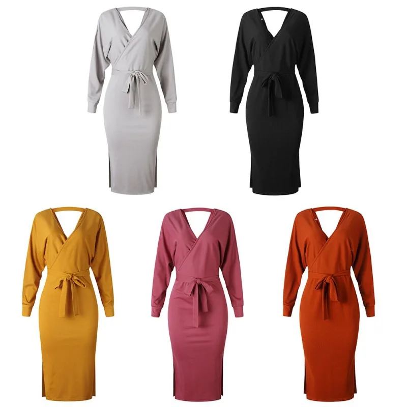 Spring Autumn Women Sexy Dress Deep V Neck Long Sleeve Low-cut Straps Elastic Tight-fitting Waist Belt Solid Dress Dropshipping
Spring Autumn Women Sexy Dress Deep V Neck Long Sleeve Low-cut Straps Elastic Tight-fitting Waist Belt Solid Dress Dropshipping