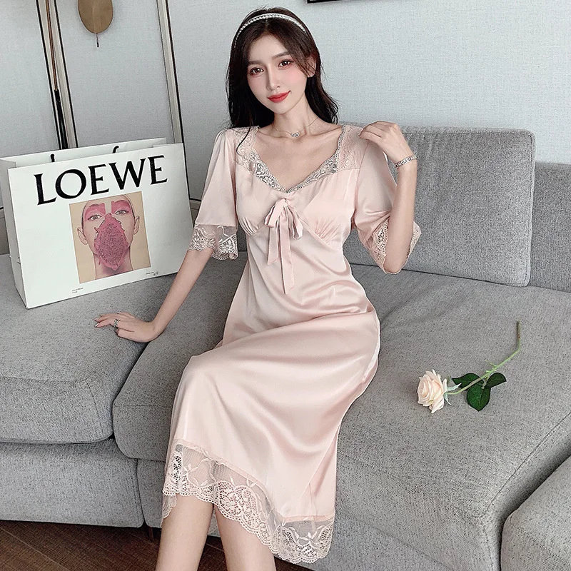 Lisacmvpnel Sexy Nightdress Female Summer Short Sleeve Sweet Girl Lace Hollow Ice Silk Long Design Nightwear
Lisacmvpnel Sexy Nightdress Female Summer Short Sleeve Sweet Girl Lace Hollow Ice Silk Long Design Nightwear