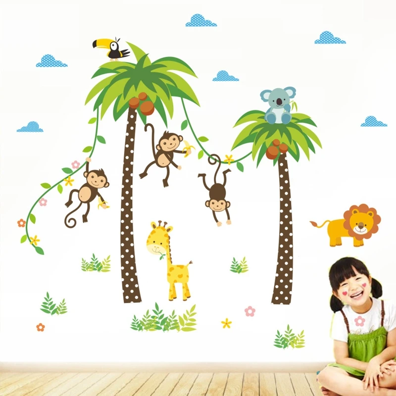 

X37E Monkey Coconut Tree Lion Pattern Cartoon Wall Sticker Home Living Room Children's Room Nursery Kindergarten Background Wall