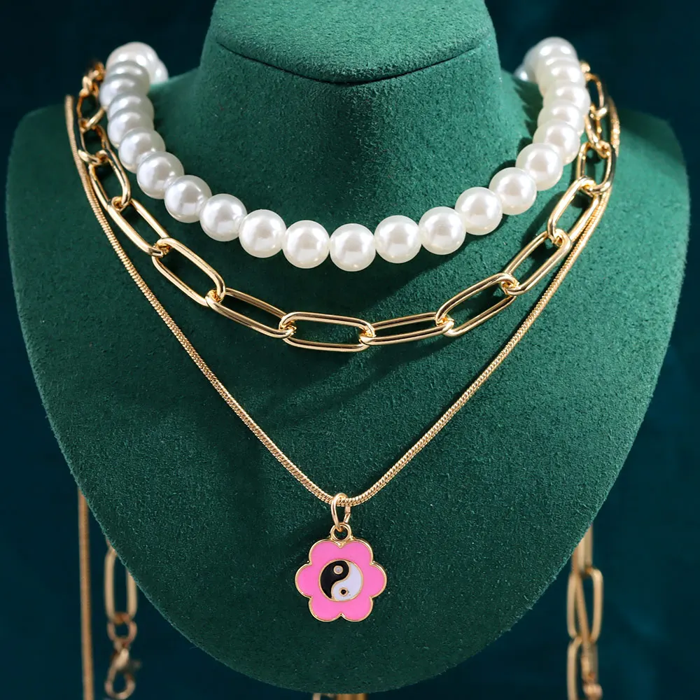 Multilayer Pink Yin Yang Flower Pendant Pearl Beaded Necklaces For Women Golden Metal Link Chain Necklaces Boho Fashion Jewelry
Multilayer Pink Yin Yang Flower Pendant Pearl Beaded Necklaces For Women Golden Metal Link Chain Necklaces Boho Fashion Jewelry