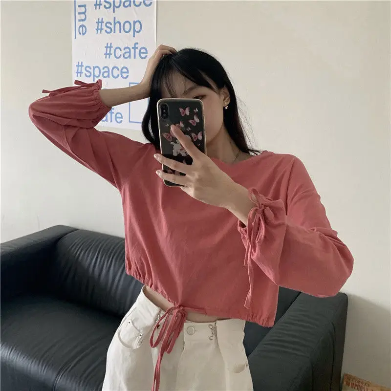 Solid Drawstring Long-sleeved T-shirt Women's Loose Student Cotton Ins Top LX044
Solid Drawstring Long-sleeved T-shirt Women's Loose Student Cotton Ins Top LX044
