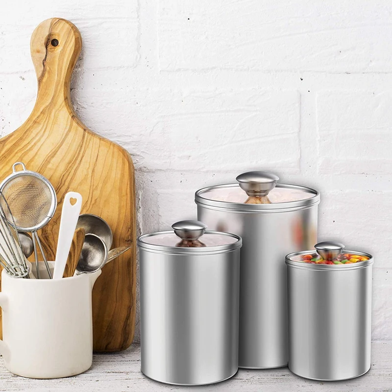 Airtight Canisters Sets for the Kitchen Counter, 3-Piece Stainless Steel Food Storage Container with Clear Glass Lids for Coffee
Airtight Canisters Sets for the Kitchen Counter, 3-Piece Stainless Steel Food Storage Container with Clear Glass Lids for Coffee