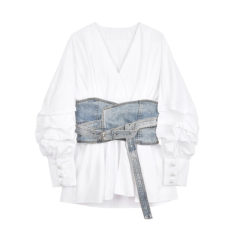 Denim Waist French blouse Women Blouse Thin Office Lady Shirt Long Puff Sleeve Ladies Elegant White Denim Girdle Decoration
Denim Waist French blouse Women Blouse Thin Office Lady Shirt Long Puff Sleeve Ladies Elegant White Denim Girdle Decoration