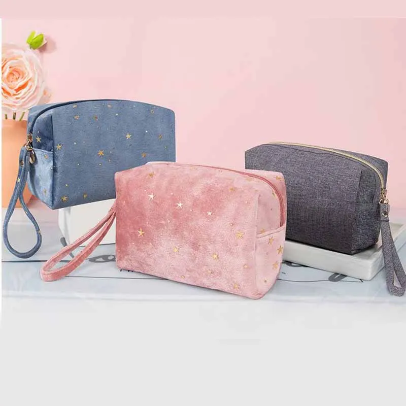 

Travel Storage Makeup Organizer Toiletry Kit Cases Women Cosmetic Bag Velvet Bronzing Female Portable Flannel Wash Beauty Pouch