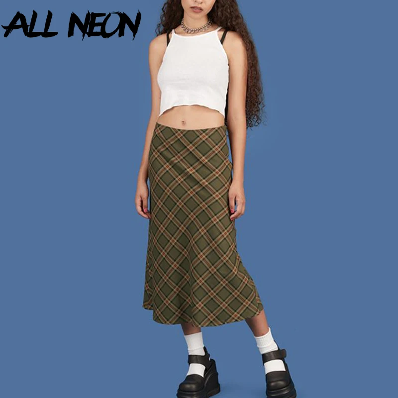 ALLNeon E girl клетчатые юбки русалки с высокой талией женские уличные хлопковые
