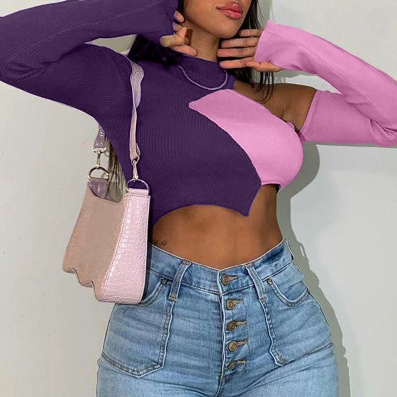 

2021 Y2k Fashion Panelled T-shirt Females Cutout Long Sleeve Asymmetrical Pullover Bodycon High Street Crew Neck Short Tees Fall