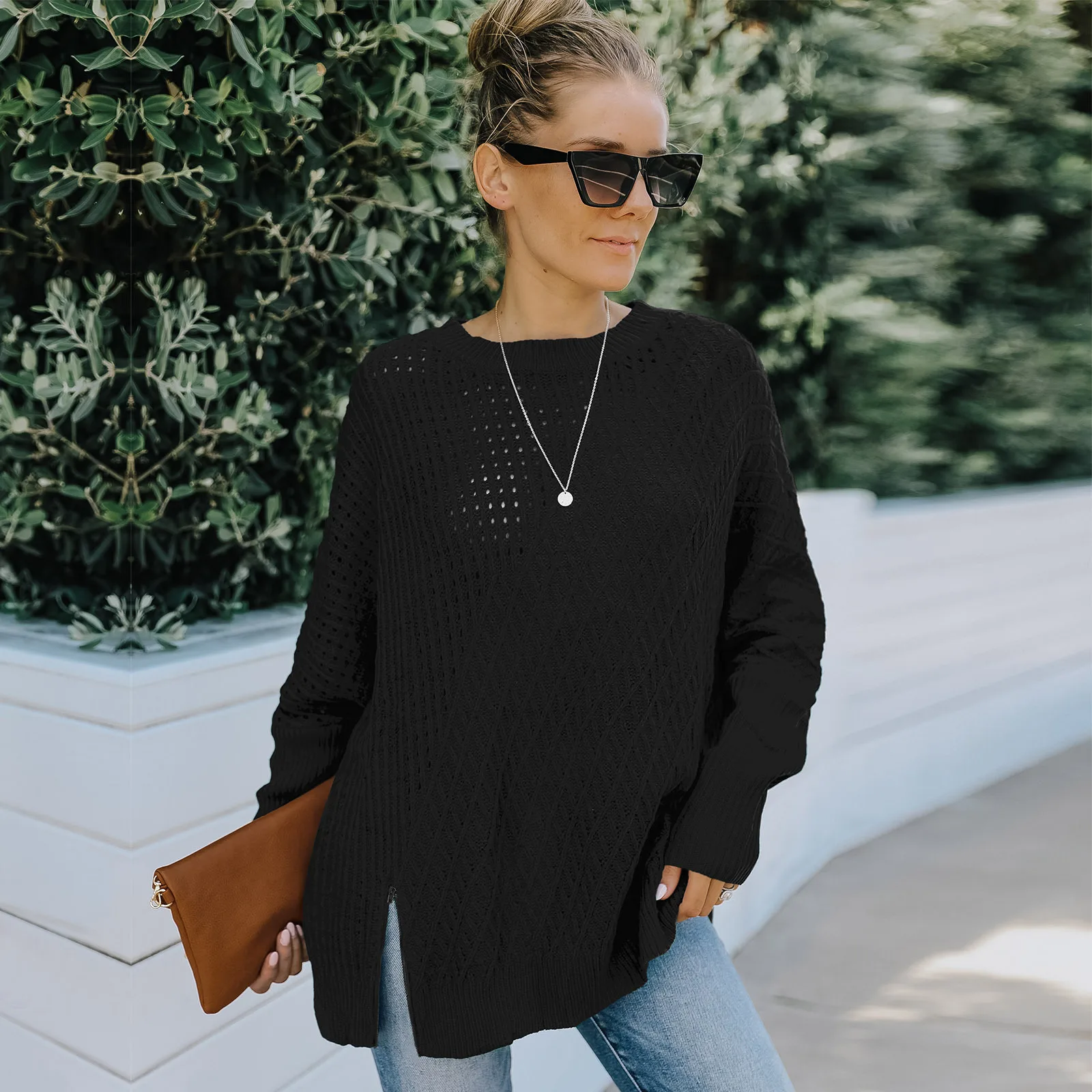Autumn Winter Fashion Hollow Out Knitted Sweater Black Blue Brown Round Neck Ladies Pullover Split Long Sleeve Female Loose Tops
Autumn Winter Fashion Hollow Out Knitted Sweater Black Blue Brown Round Neck Ladies Pullover Split Long Sleeve Female Loose Tops