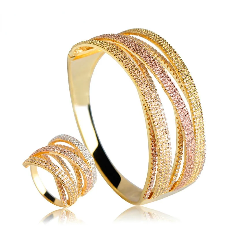 Blucome Luxury Three Tones Colors Wide Bangle Ring Set Two Layers Copper Rhinestones Jewelry Sets Women Bridal Wedding Bijoux
Blucome Luxury Three Tones Colors Wide Bangle Ring Set Two Layers Copper Rhinestones Jewelry Sets Women Bridal Wedding Bijoux