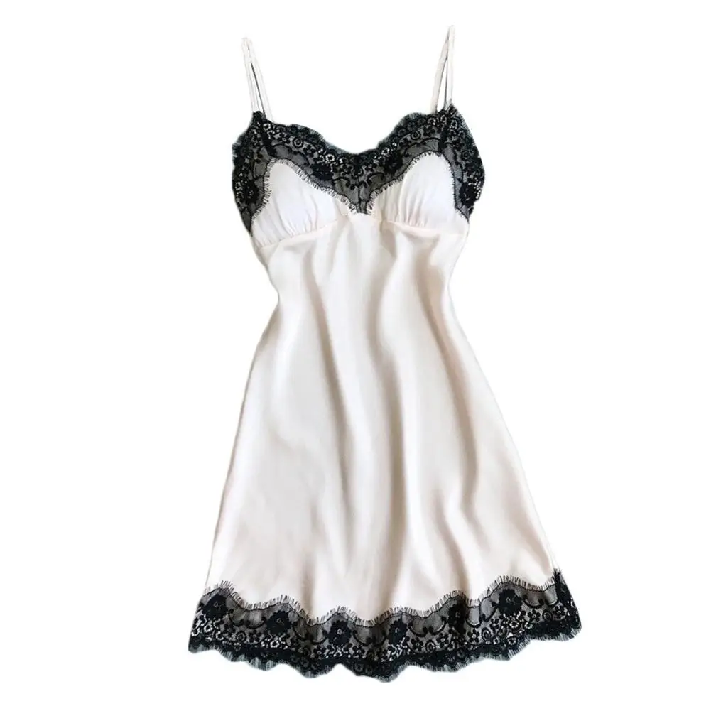 Sexy Women Silky Sleepwear Solid Color Lace Patchwork Nightdress V Neck Spaghetti Strap Female Fashion Summer
Sexy Women Silky Sleepwear Solid Color Lace Patchwork Nightdress V Neck Spaghetti Strap Female Fashion Summer