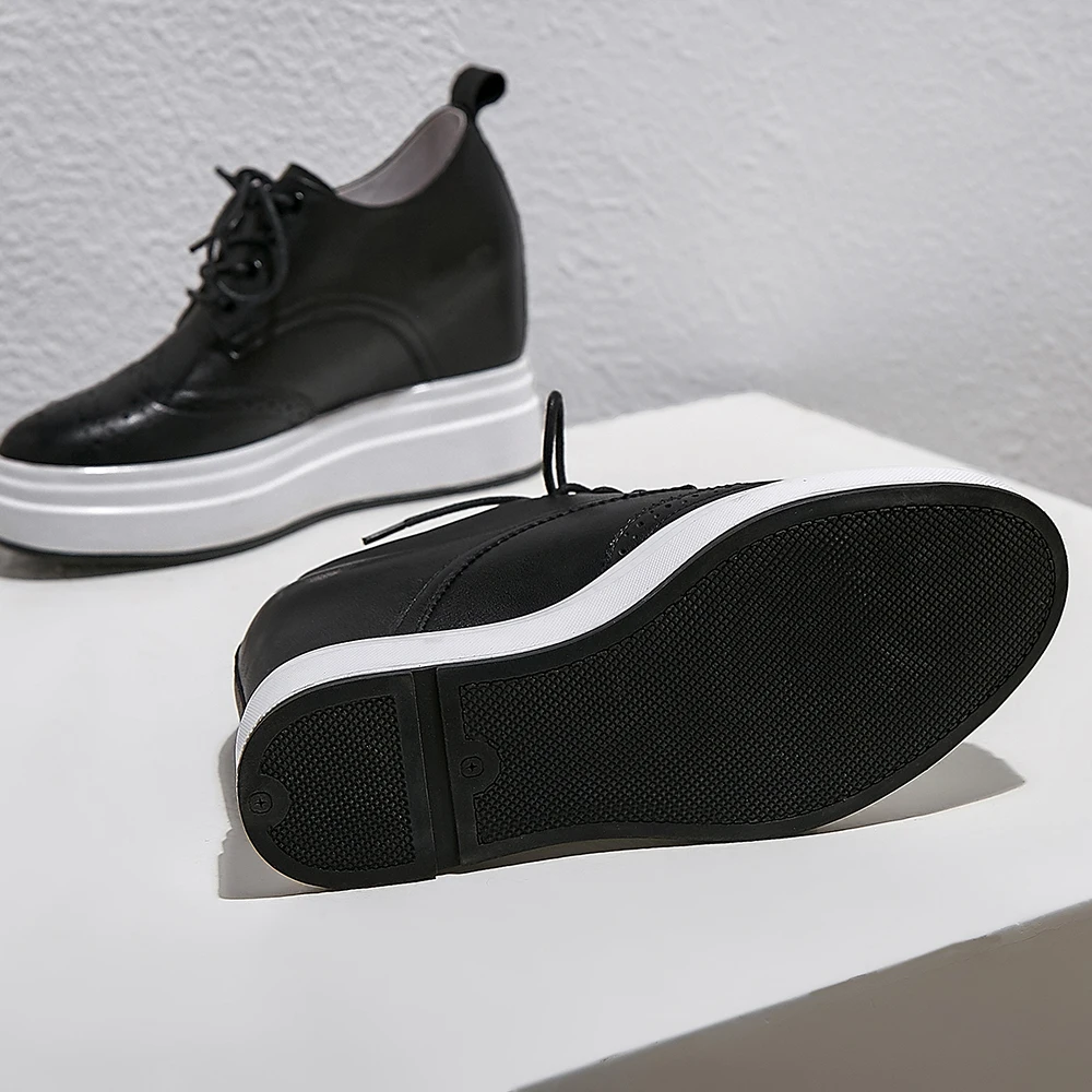 Genuine Leather Height Increasing Shoes High Heels Lady Casual black Women Sneakers Leisure Platform Shoes Lace up Breathable 39