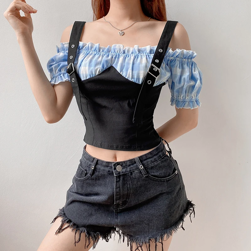Goth Y2K Harajuku Woman Tshirts Tops Summer Patchwork Plaid Puff Sleeve Slash Neck Cute Aesthetic Hip Hop Korean Camiseta Mujer
Goth Y2K Harajuku Woman Tshirts Tops Summer Patchwork Plaid Puff Sleeve Slash Neck Cute Aesthetic Hip Hop Korean Camiseta Mujer