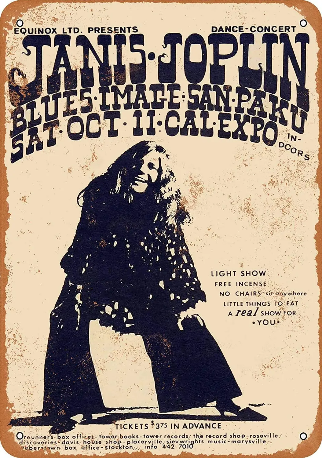 Treasun 1969 Janis Joplin at Cal Expo 2 12 X 8 Inches Retro Metal Tin Sign Vintage Art Poster Plaque
Treasun 1969 Janis Joplin at Cal Expo 2 12 X 8 Inches Retro Metal Tin Sign Vintage Art Poster Plaque