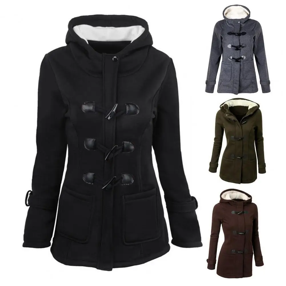Women's Coat Cow Horn Buckle Big Pockets Solid Color Coat Fleece Lined Hooded Autumn Winter Leather Buckle Overcoat Outerwear
Women's Coat Cow Horn Buckle Big Pockets Solid Color Coat Fleece Lined Hooded Autumn Winter Leather Buckle Overcoat Outerwear